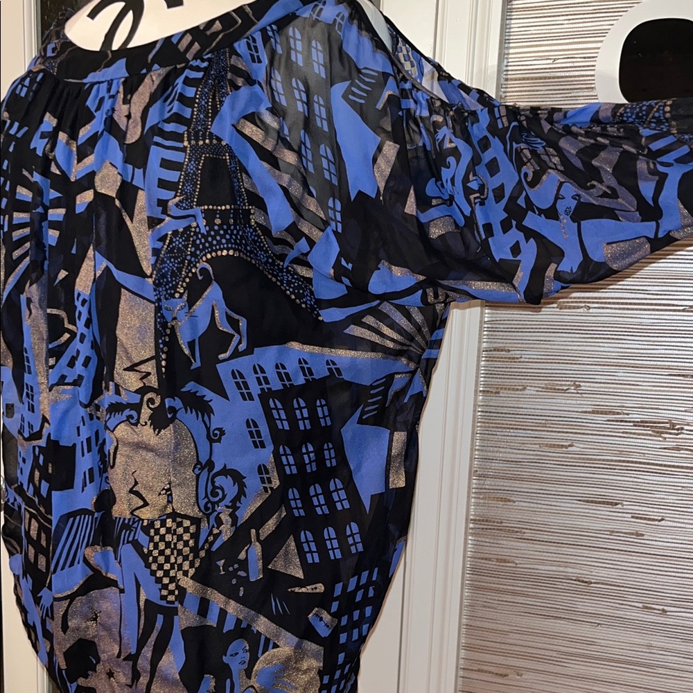 Emanuel Ungaro Black Gold Blue Artistic Mini Dress or a Blouse so Rare !